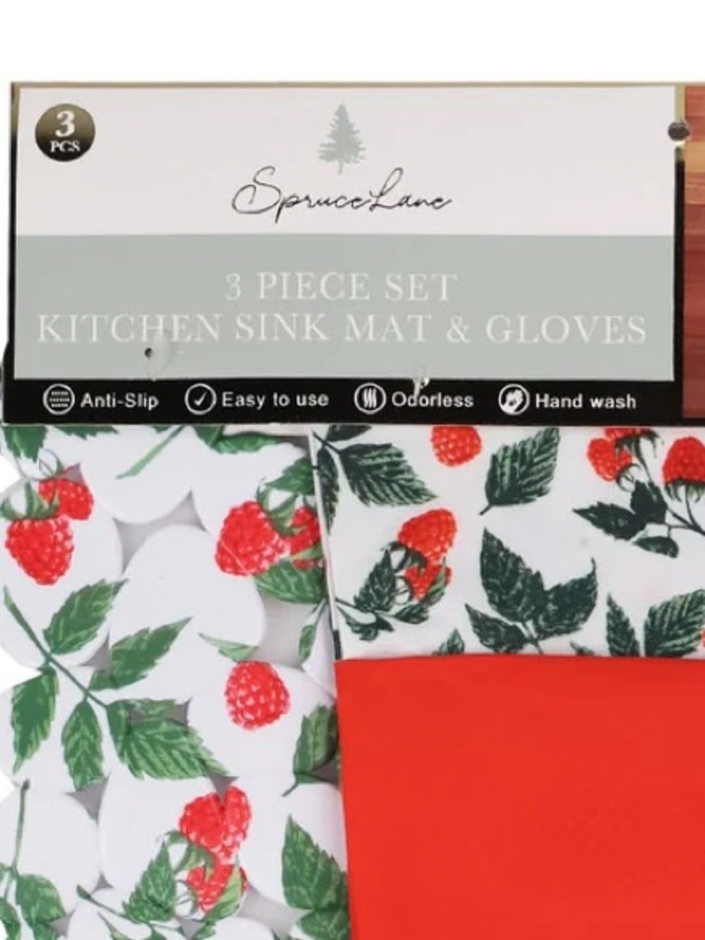 🌸 New Spruce Lane Strawberries Kitchen Sink Mat and Kitchen Hand Gloves, Red - Picture 5 of 6